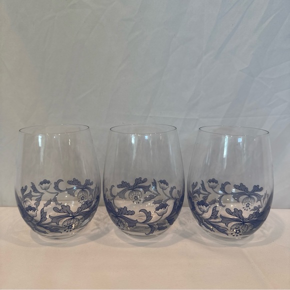 Set of 3 Spode Stemless Wine Glasses Blue Italian Floral Pattern - Picture 2 of 6